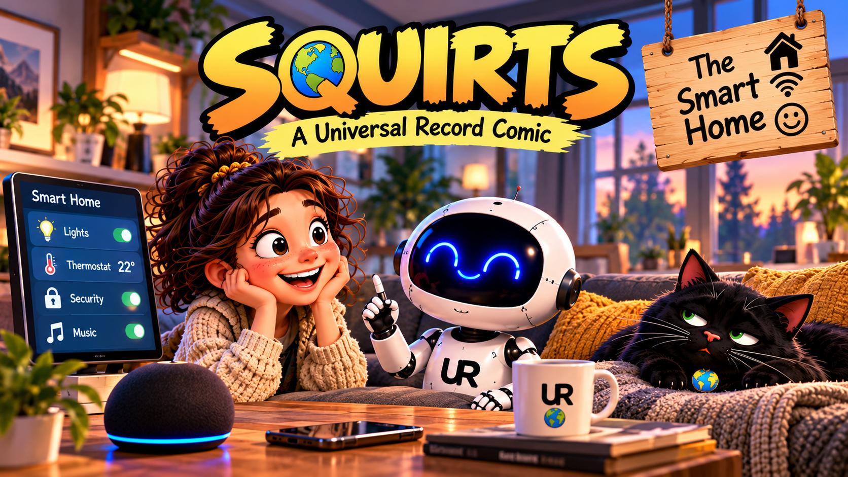 Riley smiles beside Byte, a friendly white AI robot, while Pixel, an unimpressed black cat, lounges on the couch in a cozy smart home filled with connected technology.