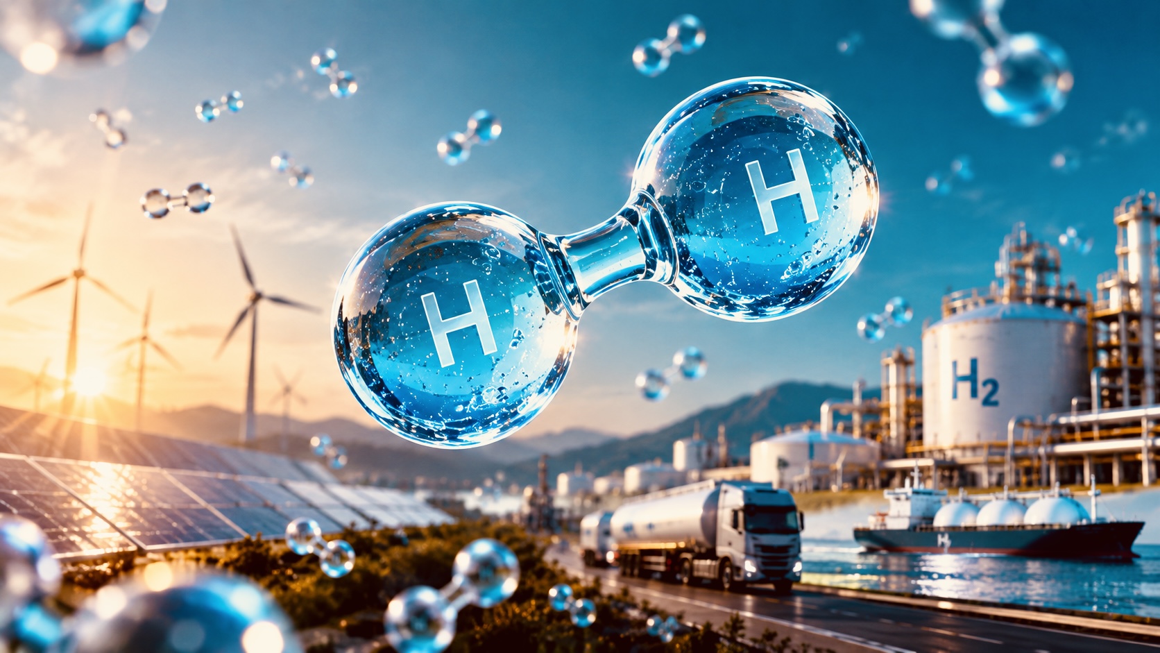 Illustration of a blue H₂ molecule above solar panels, wind turbines, a hydrogen production facility, a truck and a ship.