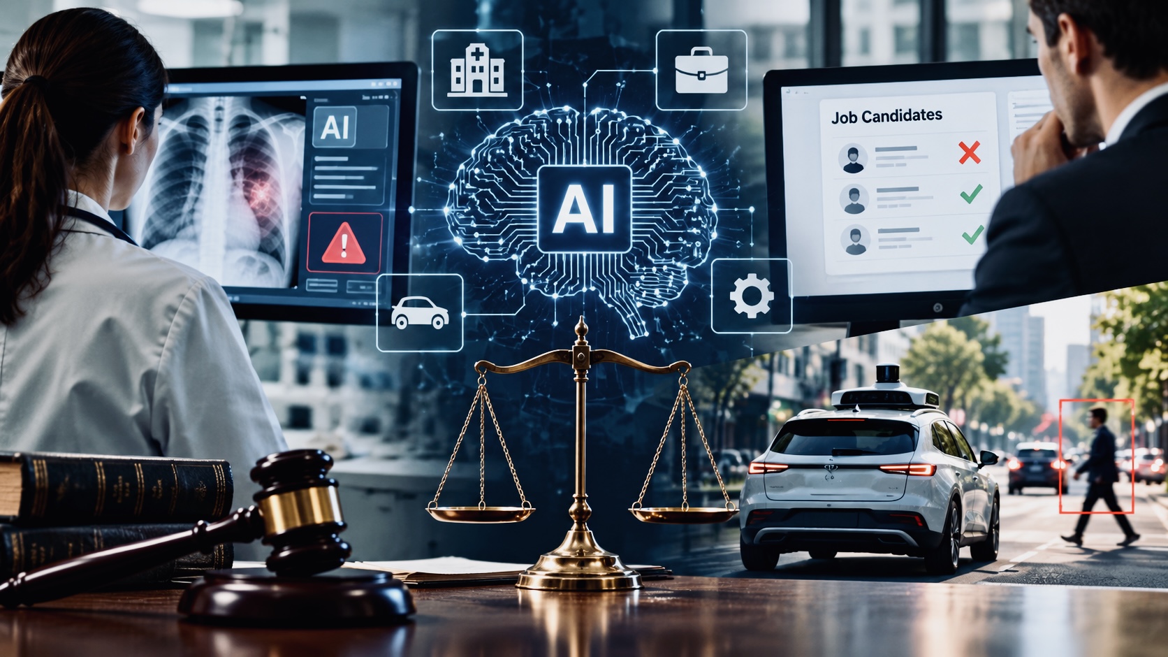 Illustration of AI in healthcare, employee hiring and autonomous vehicles, with scales of justice and a judge's gavel representing legal responsibility.