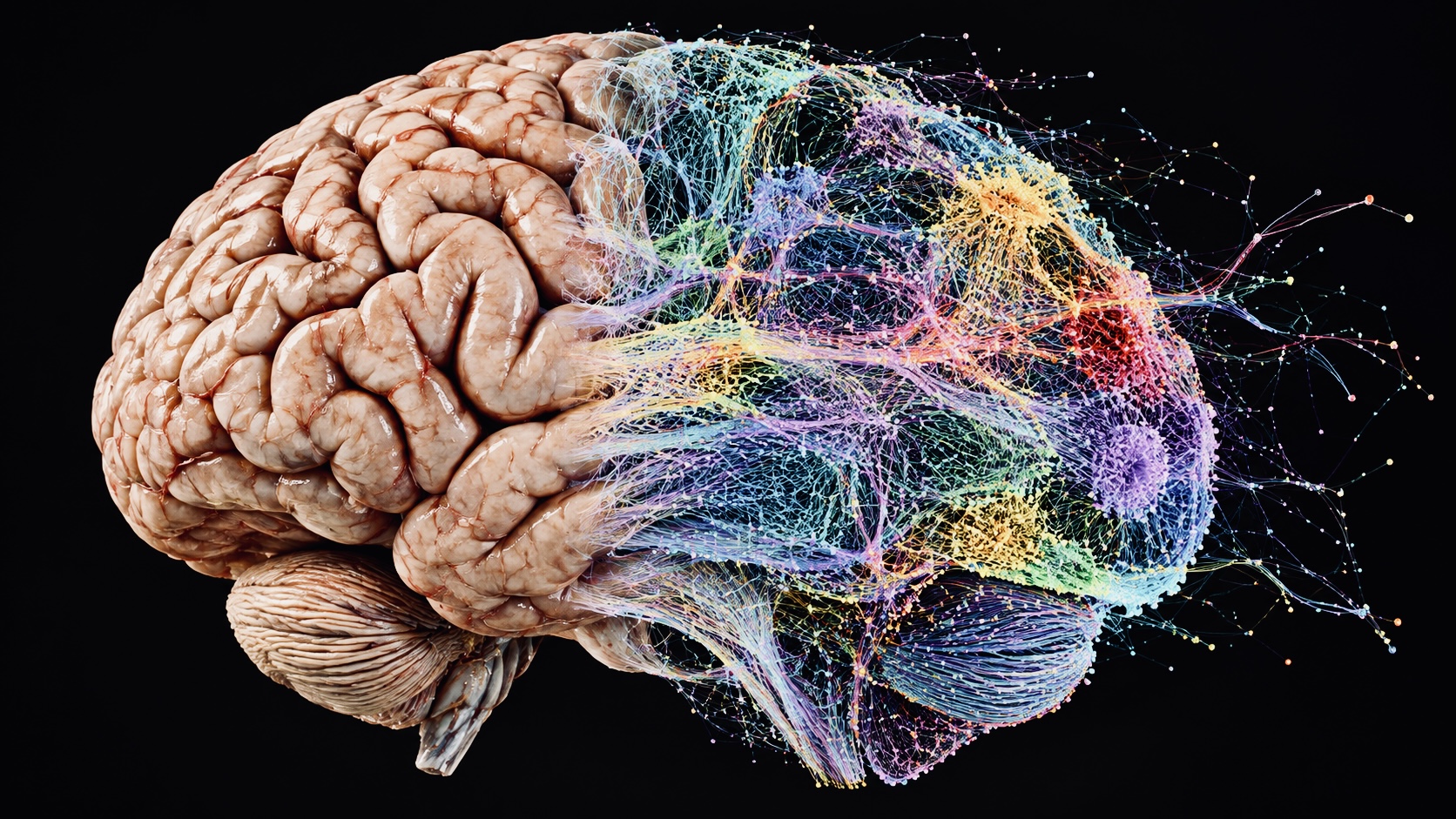 Illustration representing Eon Systems' research ambitions, showing a human brain transitioning into a digital network of interconnected neurons.