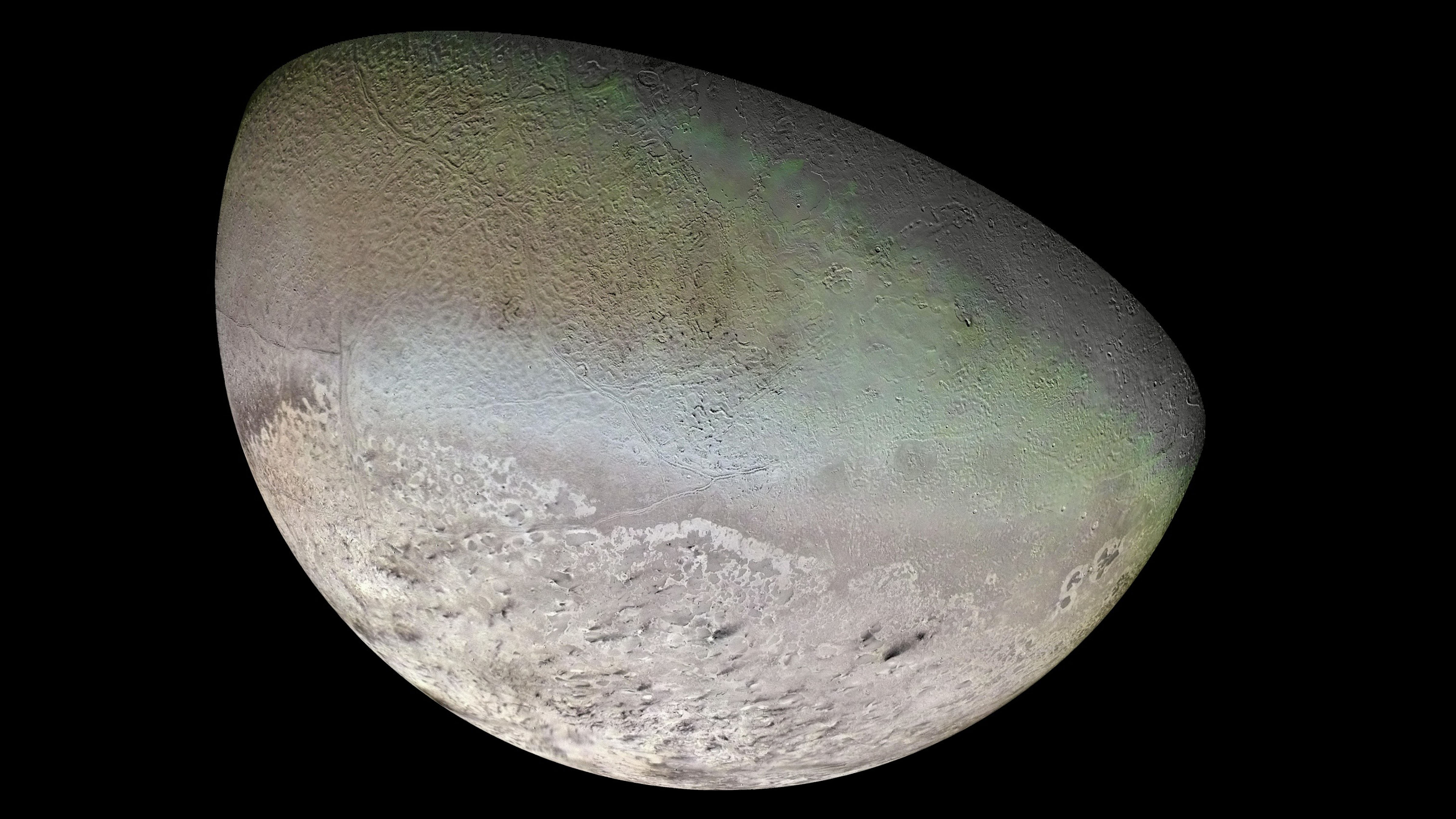 NASA Voyager 2 image of Triton, Neptune’s largest moon, showing its icy surface, unusual terrain and distinctive geological features.