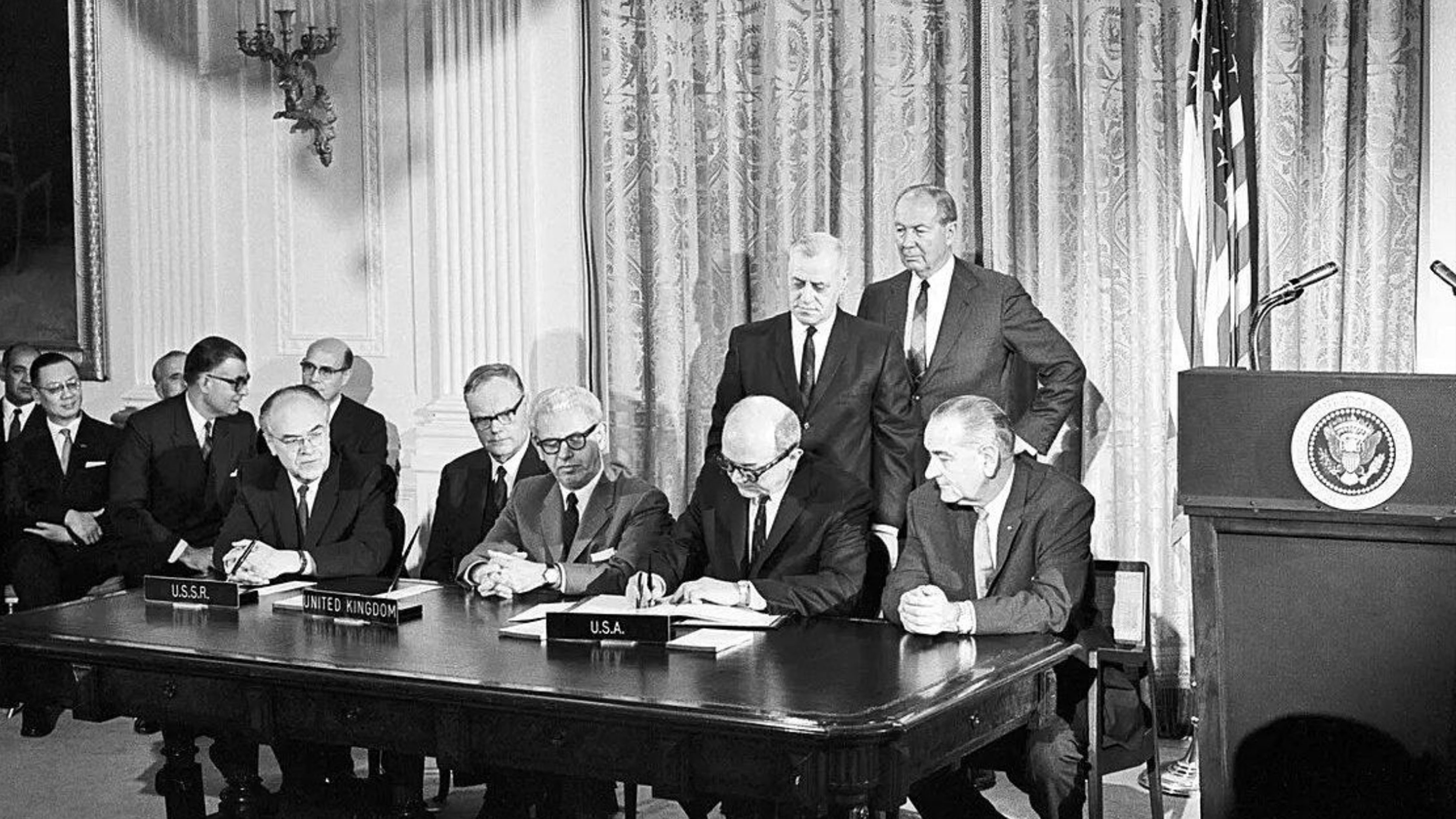 Representatives of the United States, Soviet Union and United Kingdom at the signing of the Outer Space Treaty in Washington, D.C., on January 27, 1967.
