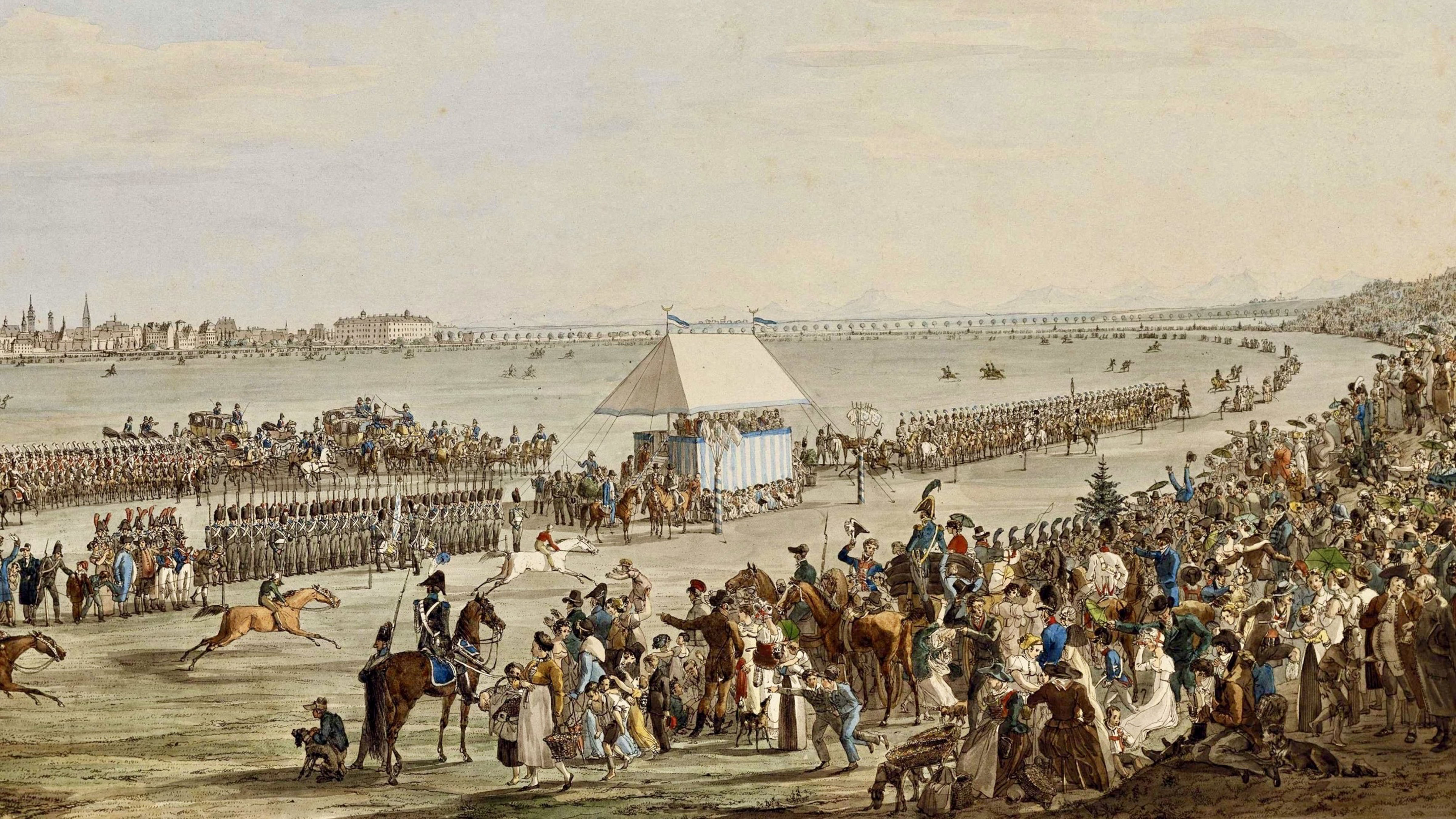 Historical painting depicting the first Oktoberfest horse race in Munich in 1810, with riders, soldiers, royal spectators and large crowds gathered at Theresienwiese.