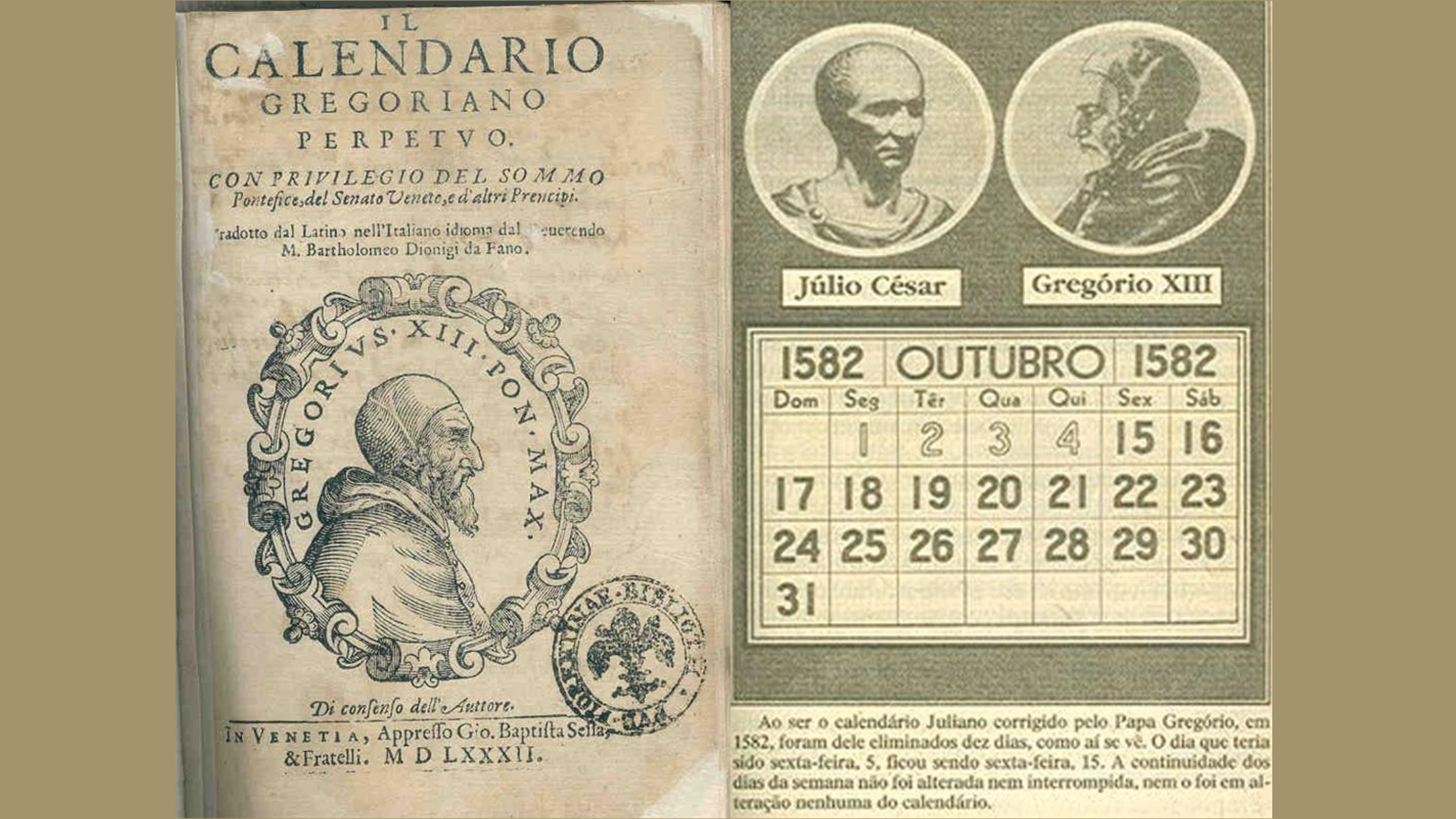 Historical illustration of the Gregorian calendar reform of 1582, featuring Pope Gregory XIII, Julius Caesar and an October calendar showing the dates jumping from October 4 to October 15.