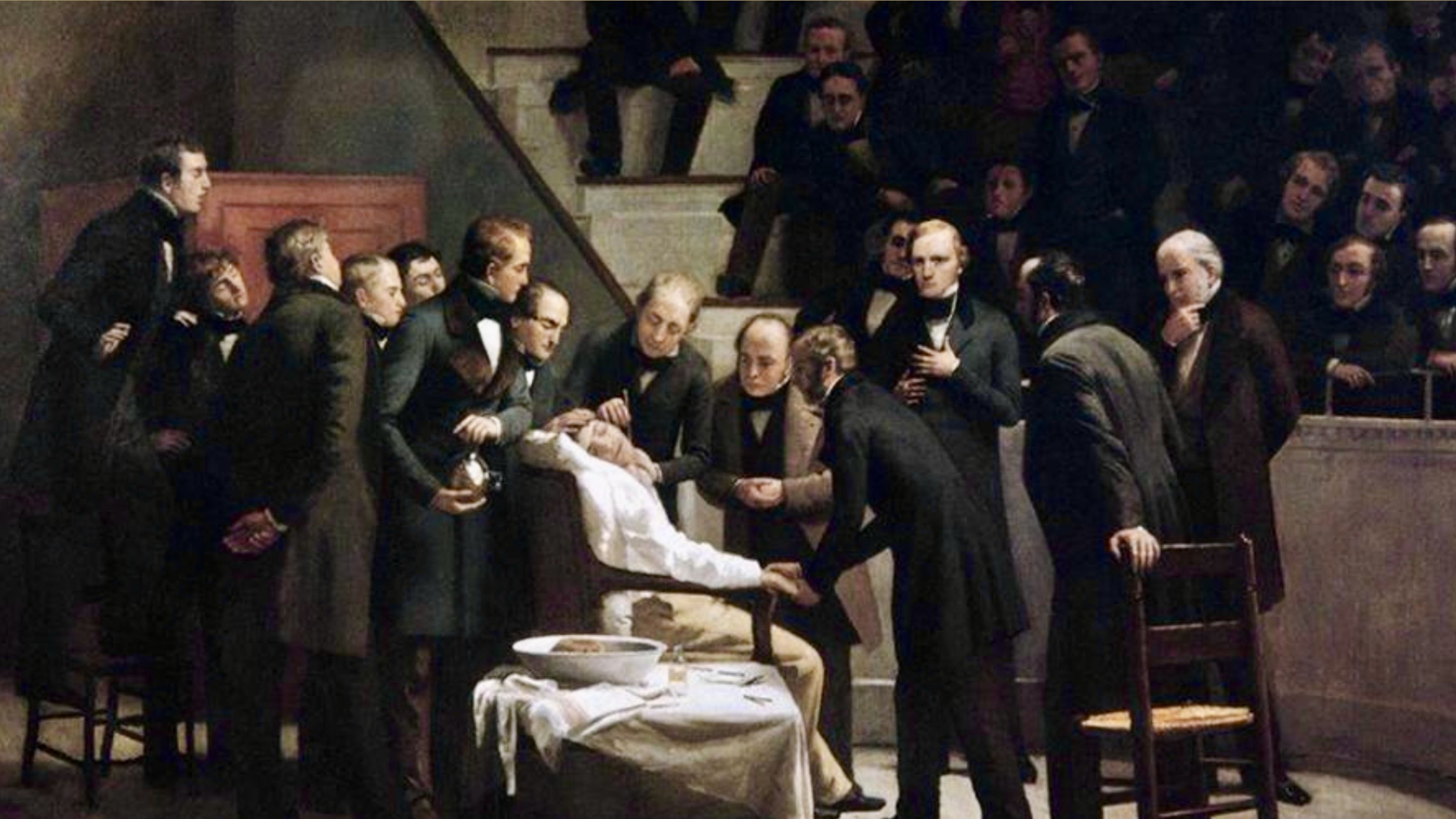 Historical painting depicting William T. G. Morton administering ether anesthesia to a patient during the 1846 surgical demonstration at Massachusetts General Hospital in Boston, surrounded by surgeons and medical observers.